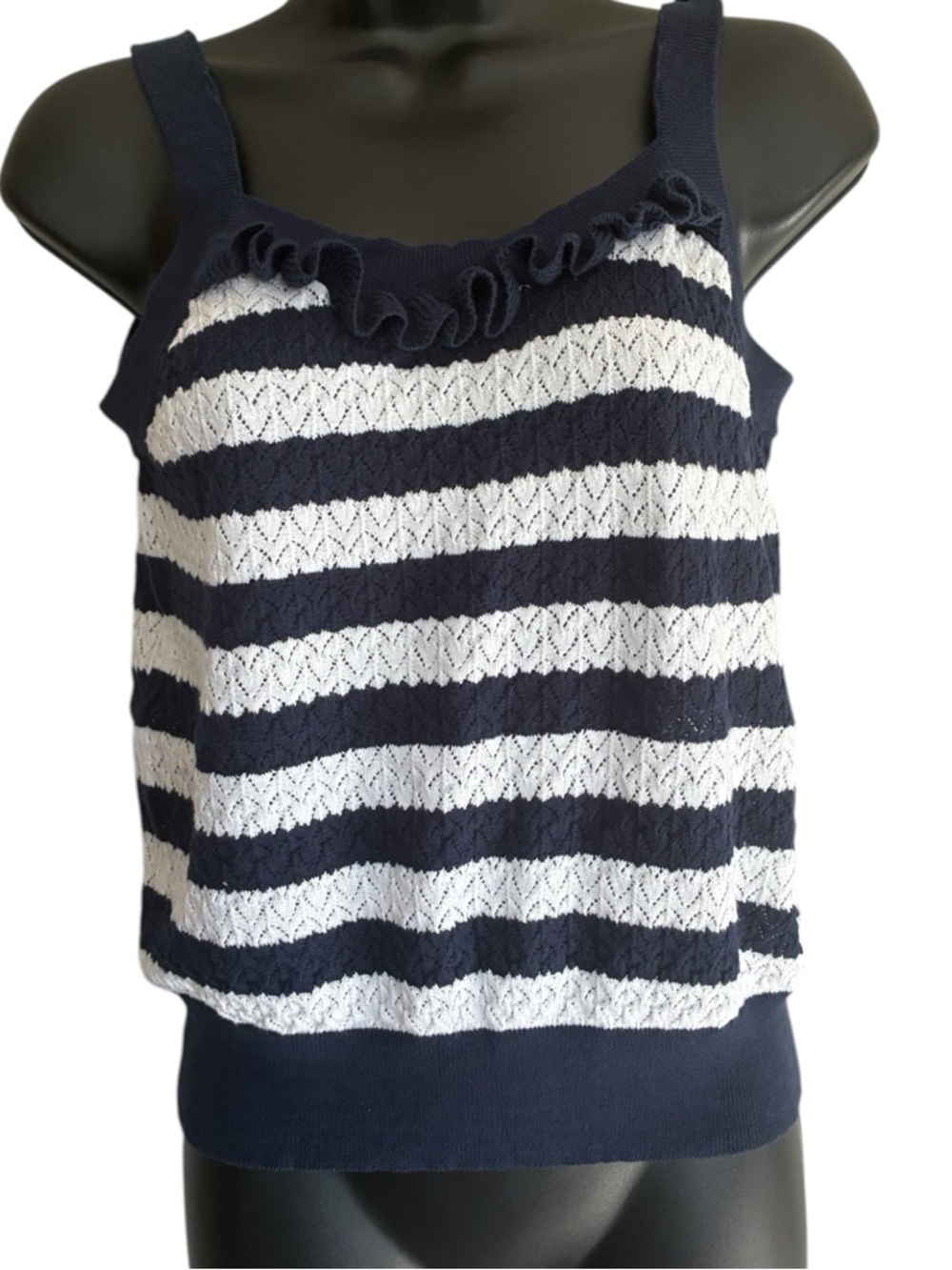&Isla Navy and Cream Striped Pointelle Knit Cotton Top - Size M